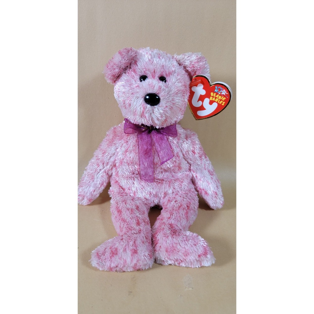 Ty Beanie Baby Smitten the Bear Pink Mottled Plush 2002 Heart Tag 8.5 Inch
